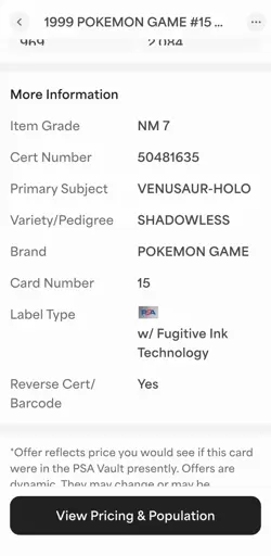 1999 POKEMON BASE SET CARD - SHADOWLESS #15 VENUSAUR - HOLO PSA 7 - Image 5