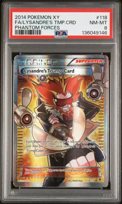 2014 POKEMON XY PHANTOM FORCES #118 FULL ART/LYSANDRE'S TRUMP CARD PSA 8 - Image 1