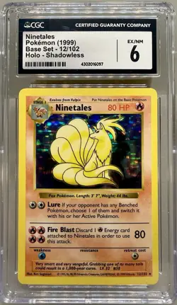1999 Pokemon Base Set Shadowless - Ninetales 12/102 Holo - CGC 6 EX/NM - Image 1