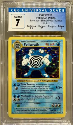 1999 Pokemon Base Set Shadowless - Poliwrath 13/102 Holo - CGC 7 NEAR MINT - Image 1