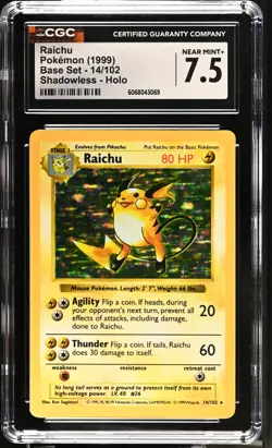 POKEMON CGC 7.5 Raichu 14/102 1999 Base Set Holo Rare Shadowless *3069 - Image 1