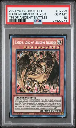 2021 YU-GI-OH! TIN OF ANCIENT BATTLES HAMON, LORD OF STRIKING THUNDER PSA 10 - Image 1