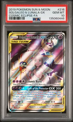 2019 POKEMON SUN & MOON COSMIC ECLIPSE #216 FULL ART/SOLGALEO & LUNALA GX PSA 10 - Image 1