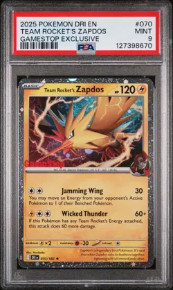 2025 POKEMON DRI GAMESTOP EXCLUSIVE #070 TEAM ROCKET'S ZAPDOS PSA 9 - Image 1