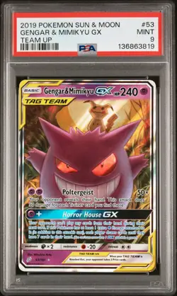 2019 POKEMON SUN & MOON TEAM UP #53 GENGAR & MIMIKYU GX PSA 9 - Image 1