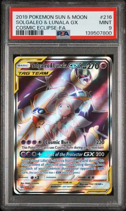 2019 POKEMON SUN & MOON COSMIC ECLIPSE #216 FULL ART/SOLGALEO & LUNALA GX PSA 9 - Image 1