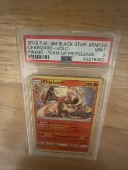 2019 Pokemon Team Up Charizard #SM158 Prerelease Holo Black Star Promo PSA 9 - Image 1