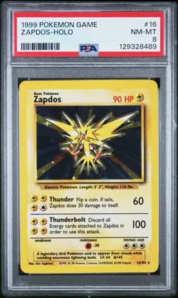 1999 POKEMON BASE SET UNLIMITED #16 ZAPDOS-HOLO PSA 8 - Image 1