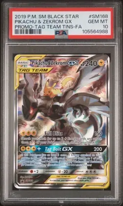 2019 POKEMON TAG TEAM TINS PROMO #SM168 FULL ART/PIKACHU & ZEKROM GX PSA 10 - Image 1