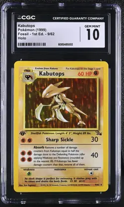 1999 POKEMON FOSSIL 1ST EDITION #9 KABUTOPS HOLO CGC 10 - Image 1