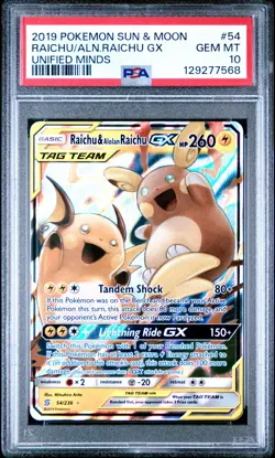 2019 POKEMON SUN & MOON UNIFIED MINDS #54 RAICHU & ALOLAN RAICHU GX PSA 10 - Image 1