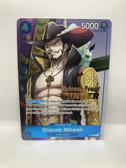 Dracule Mihawk GOLD STAMP RELEASE EVENT WINNER PROMO ALT ART P-081 ONE PIECE NM - Image 3