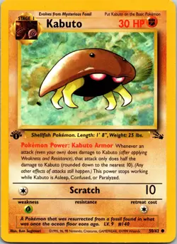 1999 WOTC Pokemon Fossil 1st Edition Card 50/62 Kabuto LP - Image 1