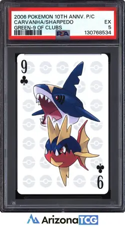 Pokemon Carvanha/Sharpedo 9 Green Clubs 10th Anniversary Playing Cards PSA 5 - Image 1