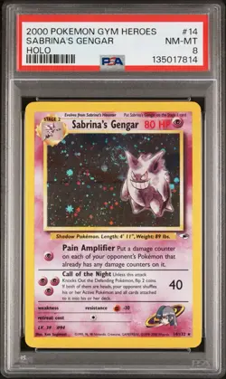 2000 Pokemon Gym Heroes Sabrina's Gengar #14 Holo PSA 8 (Swirl) - Image 1