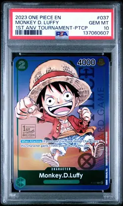2023 ONE PIECE P-037 1ST ANNIVERSARY TOURNAMENT MONKEY D LUFFY ENGLISH PSA 10 - Image 1