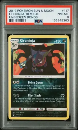 2019 Pokemon Sun & Moon Unbroken Bonds Holo Greninja #117 PSA 8 NM MT - Image 1