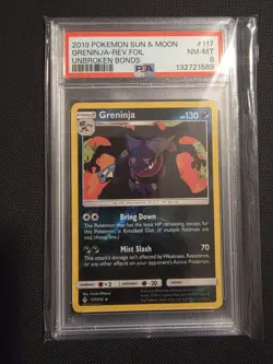 2019 POKEMON SUN & MOON UNBROKEN BONDS 117 GRENINJA REVERSE HOLO PSA 8 - Image 1