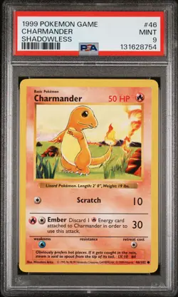 1999 POKEMON GAME SHADOWLESS #46 CHARMANDER PSA 9 - Image 1