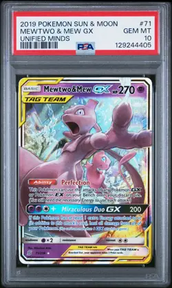 2019 POKEMON SUN & MOON UNIFIED MINDS #71 MEWTWO & MEW GX PSA 10 - Image 1