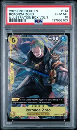 2025 ONE PIECE PROMOS ILLUSTRATION BOX VOL.3 #113 RORONOA ZORO PSA 10 - Image 1
