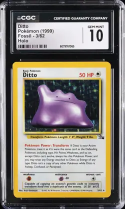 1999 POKEMON FOSSIL HOLO #3/62 DITTO CGC 10 GEM MINT - Image 1