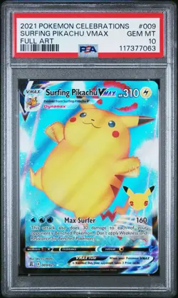 2021 POKEMON CELEBRATIONS #009 FULL ART/SURFING PIKACHU VMAX PSA 10 - Image 1