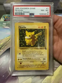 1999 Pokemon TCG Pikachu Card Pokemon League Black Star Promo #1 PSA 8 - Image 1