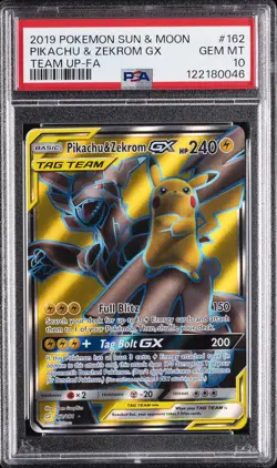 2019 POKEMON SUN & MOON TEAM UP #162 FULL ART/PIKACHU & ZEKROM GX PSA 10 - Image 1