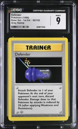 CGC 9 Defender Base Set 1st Edition Shadowless 80/102 Gray Stamp Pokemon Card - Image 1