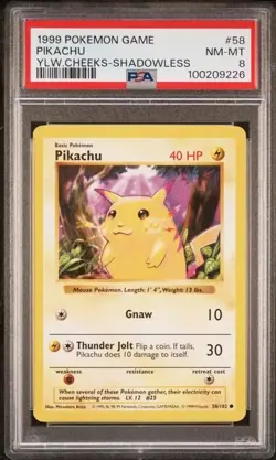 PSA 8 Pikachu Shadowless Pokemon Card 58/102 WOTC Base Set Vintage 1999 NM NEW - Image 1
