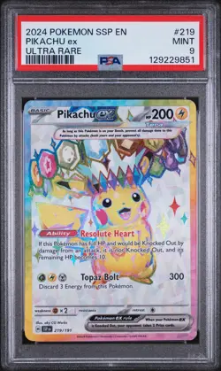 2024 POKEMON SSP EN-SURGING SPARKS ULTRA RARE #219 PIKACHU EX PSA 9 - Image 1