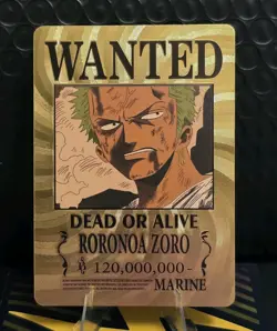 One Piece Roronoa Zoro WANTED Gold Foil Fan Art Collector Card TCG - Image 1