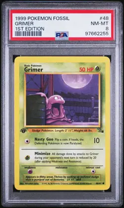 1999 POKEMON FOSSIL GRIMER 48/62 1ST EDITION PSA 8 - Image 1