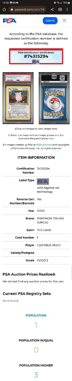 2000 Pokemon Italian Clefable Holo 1/64 Jungle PSA 2 POP 1 - Image 3