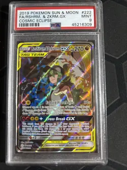 2019 Pokemon Sun & Moon Cosmic Eclipse #222 Full Art/Reshiram & Zekrom GX PSA 9 - Image 1