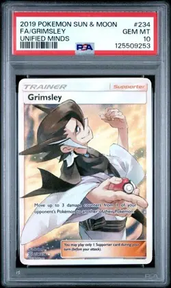 PSA 10 GEM MINT Grimsley 234/236 Full Art Ultra Rare Unified Minds 2019 Pokemon - Image 1