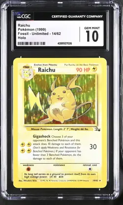 Raichu Holo Rare 1999 WOTC Pokemon Card 14/62 Fossil Set CGC 10 Gem Mint - Image 1