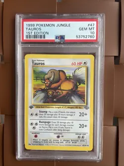 1999 Pokemon TCG Jungle Tauros Card 47/64 1st Edition PSA 10 - Image 1