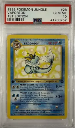 1999 1st Edition PSA 10 Vaporeon Non-Holo Pokemon TCG Jungle Base Set 28/64 - Image 1