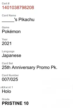 2021 BIRTHDAY PIKACHU HOLO 007/025 25TH PROMO POKEMON JAPANESE CGC Pristine 10 - Image 3