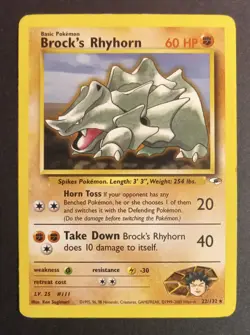 Pokemon TCG Brock's Rhyhorn 22/132 Gym Heroes Unlimited Regular Non-Holo Rare LP - Image 1