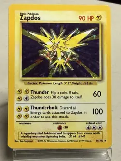 Zapdos 016/102 Unlimited Base Set Holo Pokemon Card - MP - Image 1