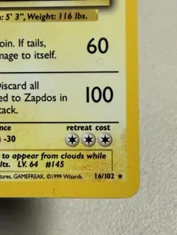 Zapdos 016/102 Unlimited Base Set Holo Pokemon Card - MP - Image 5
