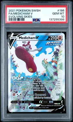 2021 POKEMON SWORD & SHIELD EVOLVING SKIES #186 FULL ART/MEDICHAM V PSA 10 - Image 1