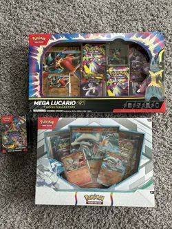 Pokemon Sealed Lot With Lucario Figure Collection,booster Bundle, And Two Boxes - Image 1