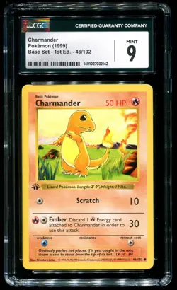 CGC 9 Charmander 1st Edition Shadowless Base Set 1999 Pokemon Card #46 - Image 1