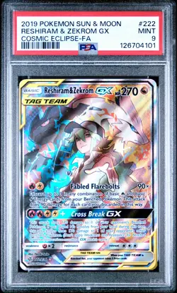 2019 POKEMON SUN & MOON COSMIC ECLIPSE #222 FULL ART/RESHIRAM & ZEKROM GX PSA 9 - Image 1