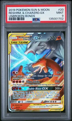 2019 POKEMON SUN & MOON UNBROKEN BONDS #20 RESHIRAM & CHARIZARD GX PSA 9 - Image 1