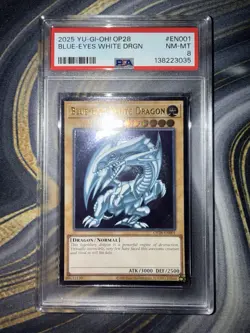 Blue-Eyes White Dragon, Ultimate Rare (OP28-EN001), Unlimited, PSA 8 - Image 1